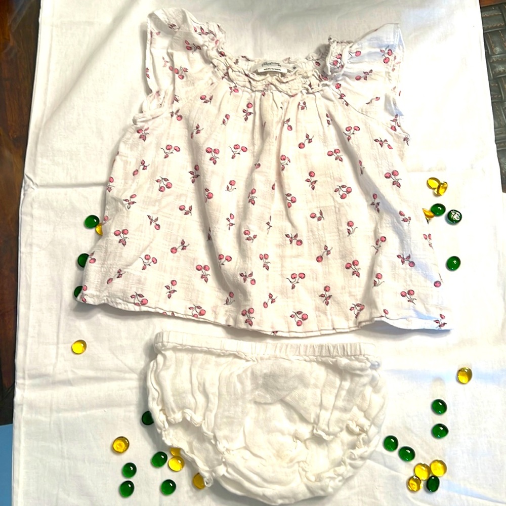 Cotton dress with cherry design and white bloomers for a baby girl 18 months